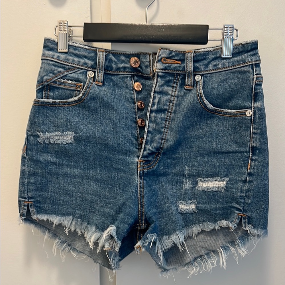 We The Free Blue Jean Shorts Distressed Frayed Hem